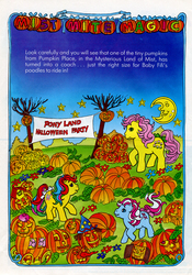 Size: 675x963 | Tagged: safe, official comic, baby fifi, baby tic tac toe, posey, comic:g1 my little pony (g1), g1, official, coach, halloween, holiday, jack-o-lantern, land of mist, mist mite magic, moon, poodles, pumpkin, pumpkin place, puzzle
