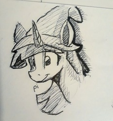 Size: 773x830 | Tagged: safe, artist:post-it, twilight sparkle, pony, g4, bust, female, hat, ink drawing, inktober, mare, monochrome, simple background, sketch, smiling, solo, traditional art, white background, witch hat