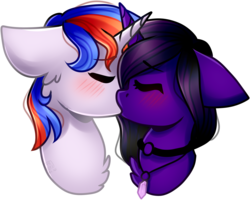 Size: 1688x1348 | Tagged: safe, artist:grapegrass, oc, oc only, oc:free quill, oc:nova aurora, pony, unicorn, blushing, collar, couple, crossed horns, eyes closed, female, horn, horns are touching, jewelry, kissing, male, mare, necklace, qurora, stallion