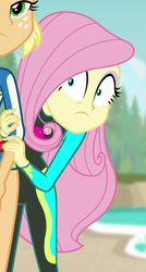 Size: 382x715 | Tagged: safe, screencap, applejack, fluttershy, equestria girls, equestria girls specials, g4, my little pony equestria girls: better together, my little pony equestria girls: forgotten friendship, beach, clothes, cropped, female, fluttershy's wetsuit, geode of fauna, magical geodes, scared, swimsuit, wetsuit