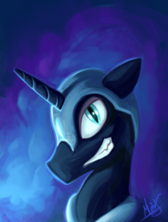 Size: 2646x3508 | Tagged: safe, artist:sea-maas, nightmare moon, alicorn, pony, g4, female, grin, helmet, high res, mare, smiling, solo