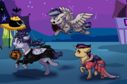 Size: 2476x1637 | Tagged: safe, artist:marbola, oc, oc only, oc:adelia, oc:onyx glow, oc:thunder feather, pegasus, pony, candy pail, clothes, colt, costume, female, filly, flying, halloween, holiday, jack-o-lantern, male, mouth hold, night, nightmare night, nightmare night costume, offspring, parent:flash sentry, parent:twilight sparkle, parents:flashlight, pumpkin, siblings, smiling