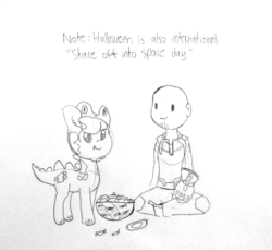 Size: 1280x1174 | Tagged: safe, artist:tjpones, oc, oc only, oc:brownie bun, oc:richard, dinosaur, earth pony, human, pony, horse wife, candy, clothes, costume, duo, ear fluff, female, food, grayscale, halloween, halloween costume, holiday, human male, infinity gauntlet, lineart, male, mare, monochrome, simple background, sitting, thanos, traditional art