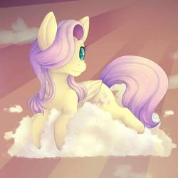 Size: 1100x1100 | Tagged: safe, artist:bluumbrelu, fluttershy, pegasus, pony, g4, cloud, crepuscular rays, cute, eyelashes, female, folded wings, hair over one eye, looking at you, mare, on a cloud, prone, shyabetes, sky, solo, three quarter view, turned head, wings