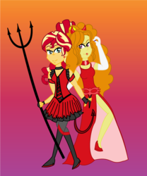 Size: 2200x2640 | Tagged: safe, artist:miraculouslover21, adagio dazzle, sunset shimmer, equestria girls, g4, clothes, costume, devil costume, devil horns, dress, female, halloween, halloween costume, high res, holding hands, lesbian, pitchfork, ship:sunsagio, shipping, trident