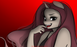 Size: 1760x1080 | Tagged: safe, artist:katputze, oc, oc only, oc:crimson sunset, vampire, anthro, anthro oc, evil grin, fangs, female, grin, mare, smiling, solo