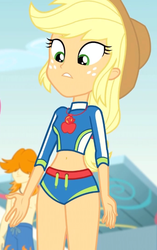 Size: 452x720 | Tagged: safe, screencap, applejack, valhallen, blue crushed, equestria girls, g4, my little pony equestria girls: better together, applejack's hat, background human, belly button, clothes, cowboy hat, cropped, female, geode of super strength, hat, magical geodes, male, swimsuit