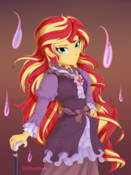 Size: 3000x4000 | Tagged: safe, artist:katakiuchi4u, sunset shimmer, equestria girls, g4, beautiful, cane, clothes, dress, female, high res, looking at you, magic, pretty, solo, speedpaint available