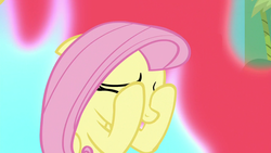 Size: 1280x720 | Tagged: safe, screencap, fluttershy, pegasus, pony, g4, sounds of silence, covering eyes, ears back, eyes closed, female, fire, mare, scared, solo