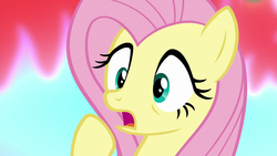 Size: 1280x720 | Tagged: safe, screencap, fluttershy, pegasus, pony, g4, sounds of silence, female, fire, mare, open mouth, raised hoof, solo