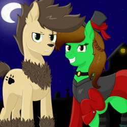 Size: 1181x1181 | Tagged: safe, artist:dyonys, oc, oc only, oc:lucky brush, oc:night chaser, clothes, costume, female, luckychaser, male, mare, moon, nightmare night, scar, stallion