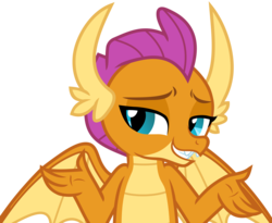Size: 3242x2664 | Tagged: safe, artist:frownfactory, smolder, dragon, g4, what lies beneath, .svg available, dragoness, female, high res, horns, shrug, simple background, smiling, solo, svg, transparent background, vector, wings