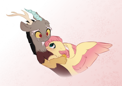 Size: 1479x1047 | Tagged: dead source, safe, artist:php146, discord, fluttershy, draconequus, pegasus, pony, g4, colored wings, crying, cute, discute, female, hug, looking at each other, male, mare, ship:discoshy, shipping, smiling, spread wings, straight, teary eyes, two toned wings, wings