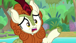 Size: 1280x720 | Tagged: safe, screencap, autumn blaze, kirin, g4, season 8, sounds of silence, cloven hooves, female, open mouth, solo, water