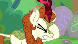 Size: 1280x720 | Tagged: safe, screencap, autumn blaze, kirin, g4, season 8, sounds of silence, angry, autumn blaze is not amused, cloven hooves, eyes closed, facehoof, female, fire, imminent nirik, solo, this will end in nirik, unamused