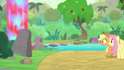 Size: 1280x720 | Tagged: safe, screencap, applejack, fluttershy, earth pony, pegasus, pony, g4, sounds of silence, bamboo, duo, female, fire, mare, palm tree, river, stream, tree, water