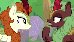 Size: 1280x720 | Tagged: safe, screencap, autumn blaze, cinder glow, summer flare, kirin, g4, season 8, sounds of silence, background kirin, charades, cloven hooves, duo, female, open mouth