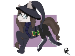 Size: 800x600 | Tagged: safe, artist:pitifulrocks, oc, oc only, pony, abstract background, boots, clothes, commission, cute, glasses, halloween, hat, holiday, muggle, pants, scarf, shoes, solo, sweater, tongue out, witch, witch hat