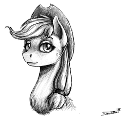 Size: 1200x1159 | Tagged: safe, artist:sa1ntmax, applejack, earth pony, pony, g4, bust, female, hat, looking at you, monochrome, portrait, sketch, solo