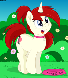 Size: 3908x4500 | Tagged: safe, artist:an-tonio, oc, oc only, oc:silver draw, pony, unicorn, collar, cute, cute little fangs, fangs, female, food bowl, freckles, happy, mare, open mouth, pet, pet play, pony pet, solo