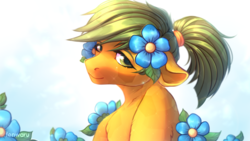 Size: 1920x1080 | Tagged: safe, artist:fenwaru, oc, oc only, oc:pepper slice, pony, femboy, flower, flower in hair, looking at you, male, smiling, solo