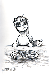 Size: 813x1200 | Tagged: safe, artist:sa1ntmax, applejack, earth pony, pony, g4, bacon, black and white, egg, female, food, fried egg, frown, grayscale, hat, inktober, meat, monochrome, plate, raised eyebrow, solo, table, traditional art, unamused, unconvinced applejack