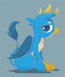 Size: 1636x1926 | Tagged: safe, artist:noupu, gallus, griffon, g4, chest fluff, claws, colored pupils, cute, featured image, frown, gallabetes, glare, gray background, lidded eyes, looking at you, male, paws, profile, simple background, sitting, solo, tail, unamused, wings