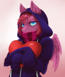 Size: 2090x2480 | Tagged: safe, artist:entarra, oc, oc only, oc:seraphic crimson, pegasus, anthro, anthro oc, blue eyes, clothes, coat, commission, digital art, ear fluff, female, heart, high res, hoodie, mare, scarf, solo, ych result