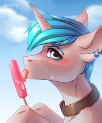 Size: 1200x1440 | Tagged: safe, artist:fenwaru, oc, oc only, oc:spiral light, pony, unicorn, blushing, cloud, collar, ear piercing, earring, food, jewelry, lacrimal caruncle, leg hold, licking, piercing, popsicle, sky, solo, sternocleidomastoid, suggestive eating, tongue out, ych result