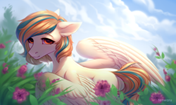 Size: 2100x1260 | Tagged: safe, artist:fenwaru, oc, pegasus, pony, cloud, female, flower, looking at you, mare, open mouth, sky, smiling