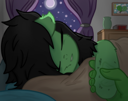 Size: 2620x2080 | Tagged: safe, artist:undisputed, oc, oc:anon, oc:filly anon, caress, colored, comfy, cute, eyes closed, female, filly, first person view, high res, hoof hold, moon, moonlight, night, offscreen character, perspective, picture, picture frame, pov, sleeping, stars, story included