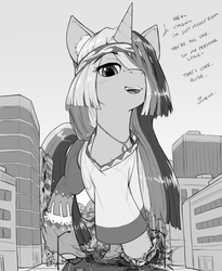 Size: 948x1158 | Tagged: safe, artist:alloyrabbit, oc, oc:golden age, pony, unicorn, city, clothes, destruction, dialogue, female, giant pony, grayscale, looking at you, macro, monochrome, open mouth