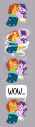 Size: 1600x5838 | Tagged: safe, artist:dragonfoxgirl, starlight glimmer, sunburst, blushing, blushing profusely, comic, crossed horns, deviantart watermark, eyes closed, female, gray background, horn, horns are touching, kissing, male, obtrusive watermark, shipping, simple background, starburst, straight, watermark, wow