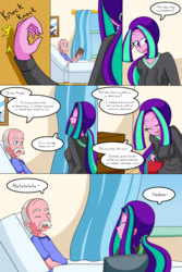 Size: 1050x1575 | Tagged: safe, artist:jake heritagu, aria blaze, oc, oc:smooth tone, comic:aria's archives, comic:nursing home, equestria girls, g4, book, bust, chair, clothes, comic, curtains, dialogue, female, hoodie, immortality is awesome, knocking, male, mother and son, offspring, parent:aria blaze, portrait, speech bubble, window
