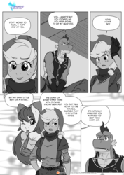 Size: 1200x1697 | Tagged: safe, artist:pia-sama, apple bloom, applejack, spike, dragon, earth pony, anthro, comic:rogue diamond, g4, breasts, busty apple bloom, clothes, comic, cowboy hat, female, grayscale, hat, mare, monochrome, older, older apple bloom, older spike, one eye closed, smiling, speech bubble, stetson, sweat, sweatdrop, tongue out, wink