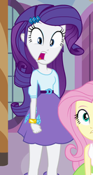 Size: 539x1011 | Tagged: safe, screencap, fluttershy, rarity, equestria girls, g4, my little pony equestria girls, belt, clothes, cropped, faic, female, offscreen character, open mouth, shocked, skirt