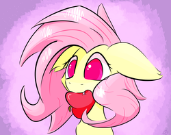 Size: 2895x2287 | Tagged: safe, artist:creepypastapon3, fluttershy, bat pony, pony, g4, apple, biting, bust, fangs, female, floppy ears, flutterbat, food, high res, mare, mouth hold, no pupils, portrait, race swap, solo