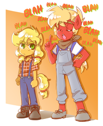 Size: 700x850 | Tagged: safe, artist:thegreatrouge, applejack, big macintosh, earth pony, anthro, plantigrade anthro, g4, where the apple lies, blah, blah blah blah, brother and sister, clothes, duo, eyes closed, female, freckles, male, overalls, suspenders, teenage applejack, teenager, younger
