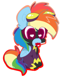 Size: 3208x3888 | Tagged: safe, artist:kittyrosie, rainbow dash, pegasus, pony, g4, candy, clothes, costume, cute, dashabetes, female, food, goggles, heart eyes, high res, lollipop, mouth hold, nightmare night, nightmare night costume, outline, shadowbolt dash, shadowbolts, shadowbolts costume, simple background, solo, transparent background, wingding eyes