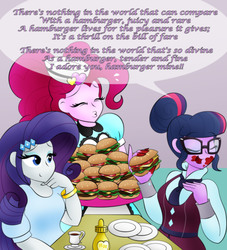 Size: 3069x3374 | Tagged: safe, artist:poseidonathenea, pinkie pie, rarity, sci-twi, twilight sparkle, equestria girls, g4, burger, clothes, crystal prep academy uniform, eating, food, gluttony, hamburger, high res, imminent stuffing, ketchup, messy eating, mustard, popeye, sauce, school uniform, server pinkie pie, singing, that human sure does love burgers, twilight burgkle, waitress, wimpy