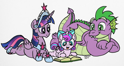 Size: 3264x1730 | Tagged: safe, artist:aleximusprime, princess flurry heart, spike, twilight sparkle, alicorn, dragon, pony, g4, book, bow, crown, fat, fat spike, female, hair bow, jewelry, mare, obese, older, older flurry heart, older spike, reading, regalia, smiling, twilight sparkle (alicorn), winged spike, wings
