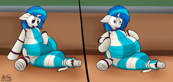 Size: 2889x1372 | Tagged: safe, artist:the-furry-railfan, dj pon-3, vinyl scratch, pony, unicorn, g4, bagpipes, belly, big belly, counter, inflation, kitchen, musical instrument, offscreen character, oh crap, sitting, squishy, startled, tartan, transformation, underhoof