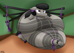 Size: 2616x1899 | Tagged: safe, artist:the-furry-railfan, octavia melody, dragon, original species, g4, annoyed, bagpipe dragon, bagpipes, belly, dragonified, impossibly large belly, indoors, inflation, musical instrument, octavia is not amused, sitting, species swap, squishy, stuck, tartan, transformation, unamused