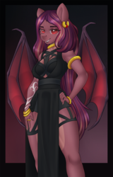 Size: 834x1300 | Tagged: safe, artist:raota, oc, oc only, oc:delilah garnet, bat pony, anthro, bat pony oc, clothes, ear piercing, female, hand on hip, jewelry, mare, piercing, red eyes, simple background, smiling, ych result