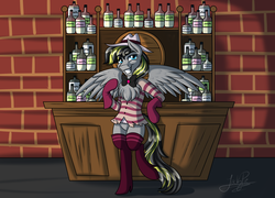 Size: 2500x1800 | Tagged: safe, artist:jack-pie, oc, oc only, oc:fasty, pegasus, pony, semi-anthro, alcohol, angel dust (hazbin hotel), arm hooves, bar, chest fluff, clothes, commission, cosplay, costume, demon costume, female, hat, hazbin hotel, hellaverse, liquor, mare, necktie, signature, socks, solo, spider costume, that's entertainment