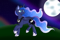 Size: 3000x2000 | Tagged: safe, artist:⭐︎月夜🌙, princess luna, alicorn, pony, g4, cutie mark, female, high res, mare, moon, night, outdoors, smiling, solo, stars