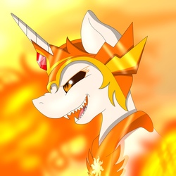 Size: 3000x3000 | Tagged: safe, artist:⭐︎月夜🌙, daybreaker, pony, g4, armor, bust, female, fire, high res, mare, open mouth, sharp teeth, solo, teeth