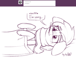 Size: 1280x982 | Tagged: safe, artist:dsp2003, oc, oc:meadow stargazer, earth pony, pony, ask, backwards thermometer, bed, comic, crying, cute, female, floppy ears, inktober, inktober 2018, mare, sick, signature, simple background, single panel, sketch, thermometer, tumblr, white background