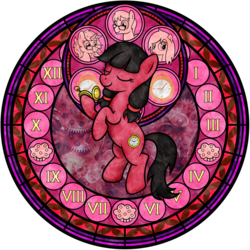 Size: 1024x1024 | Tagged: safe, artist:akili-amethyst, oc, oc:bookmark act, oc:macdolia, oc:spirit fields, oc:wind art, earth pony, pony, unicorn, disney, dive to the heart, engine, food, glasses, kingdom hearts, muffin, pigtails, pocket watch, roman numerals, stained glass