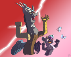 Size: 2500x2000 | Tagged: safe, artist:glitterstar2000, oc, oc:nayade, butterfly, draconequus, hybrid, draconequus oc, dramatic lighting, duo, evil laugh, father and daughter, female, gradient background, high res, interspecies offspring, laughing, lightning, male, offspring, parent:discord, parent:princess celestia, parents:dislestia, red background, simple background